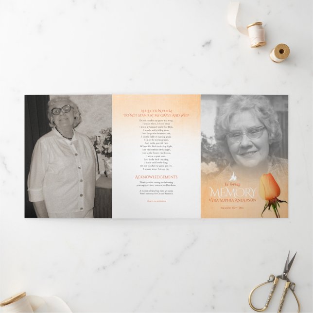 Beerdigungsprogrammordnung Orangenfarbene Rose Dreifach-gefaltete Programmkarte (Außenbereich)