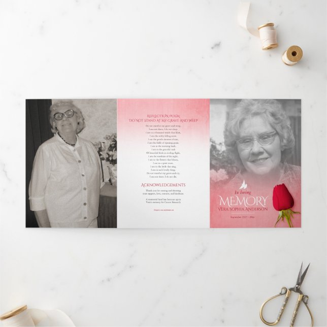 Beerdigungsprogrammordnung rote Rose Dreifach-gefaltete Programmkarte (Außenbereich)