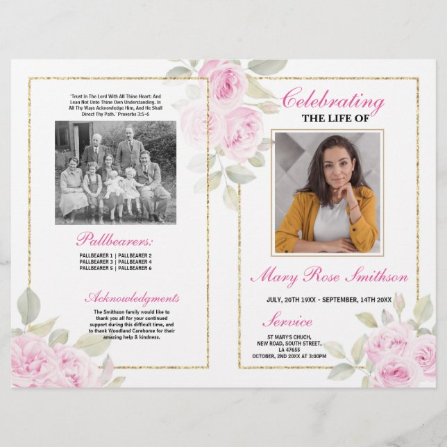 Beerdigungsreihenfolge Lebensdauer Rosa Blume Flyer (Vorne)