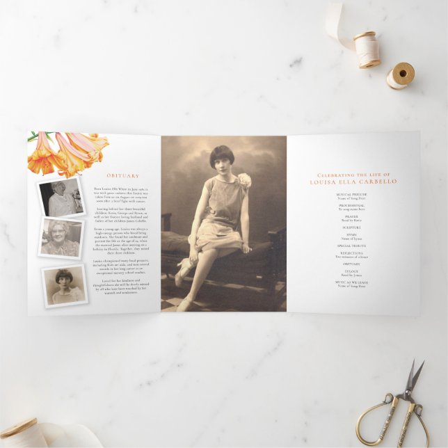 Beerdigungsservice Orangenlilie Foto 6pp Dreifach-gefaltete Programmkarte (Innenseite)