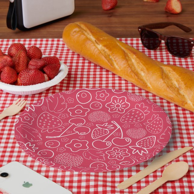 Beere Erdbeere Kirsche Weiß Handgezeichnet Modern. Pappteller (Picknick)