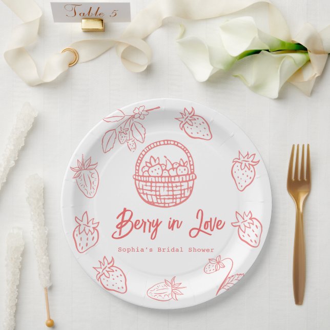 Beere in Liebe Handgezeichnete Erdbeere Junggesell Pappteller (Hochzeit)