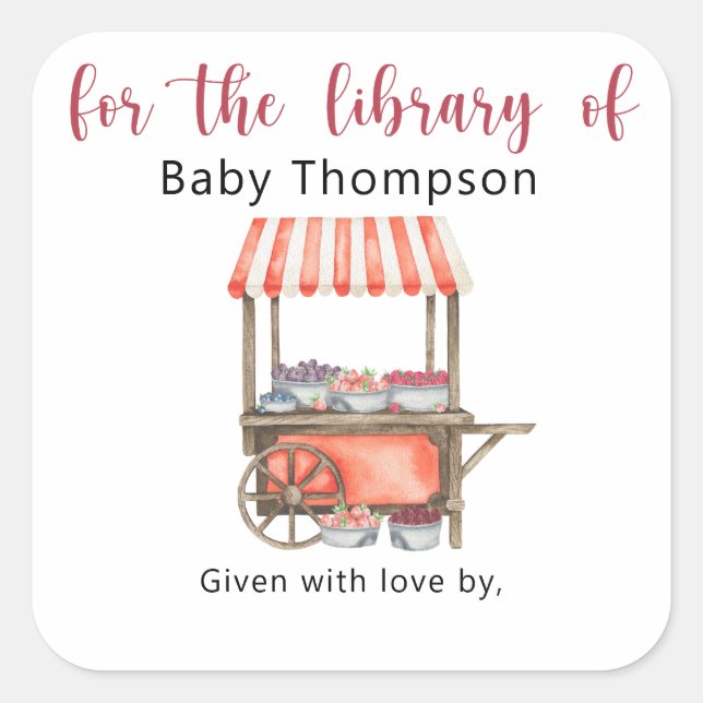 Beeren - Baby-Shower-Exlibris, Bücher für Baby Quadratischer Aufkleber (Vorderseite)