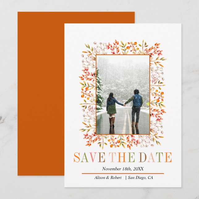 Beeren, Blätter grenzen verbrannte orange Hochzeit Save The Date (Vorne/Hinten)