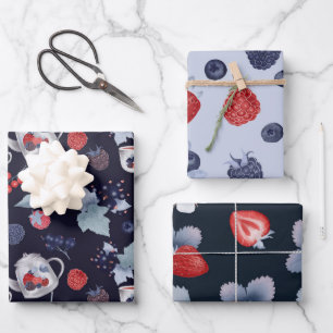 Beeren Blaubeeren Erdbeeren Teekannen-Muster blau Geschenkpapier Set