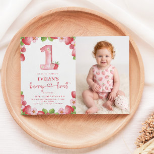 Beeren-Erstgeburtstag Rosa Wasserfarbe Baby-Foto Einladung