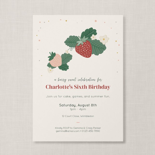 Beeren süße Feier Erdbeerkinder Geburtstag Einladung (Strawberry Garden - Berry Sweet Birthday Party Invitation)
