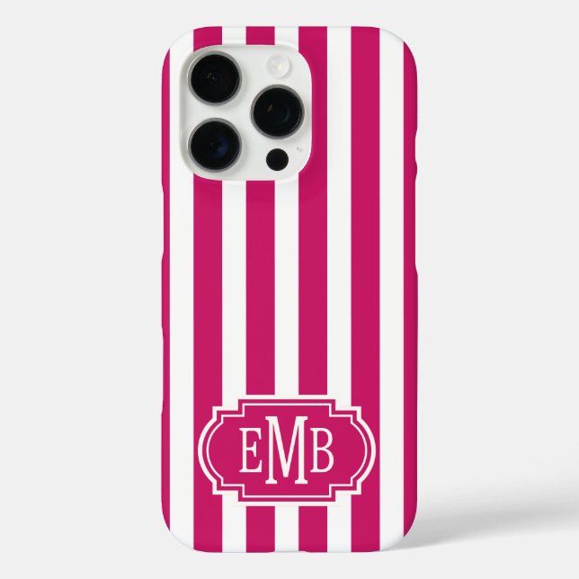 Beeren- und weiße monogrammierte Streifen Case-Mate iPhone Hülle (Rückseite)