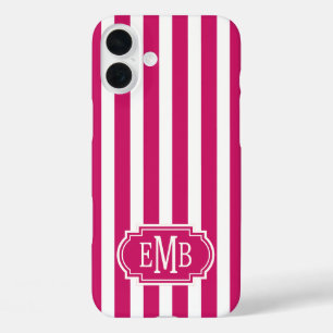 Beeren- und weiße monogrammierte Streifen iPhone 16 Plus Hülle