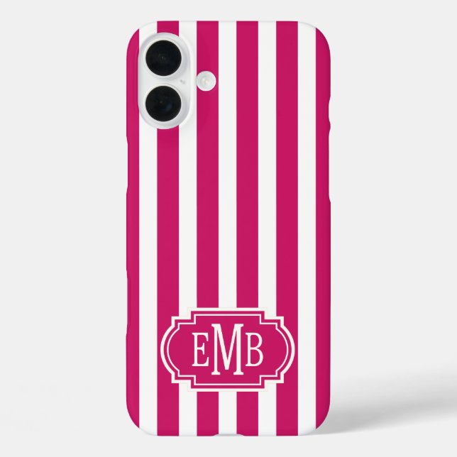 Beeren- und weiße monogrammierte Streifen Case-Mate iPhone Hülle (Rückseite)