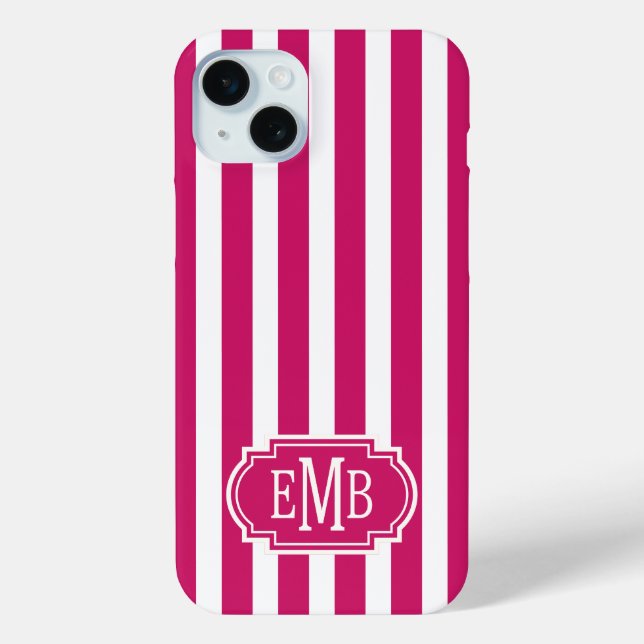 Beeren- und weiße monogrammierte Streifen Case-Mate iPhone Hülle (Rückseite)
