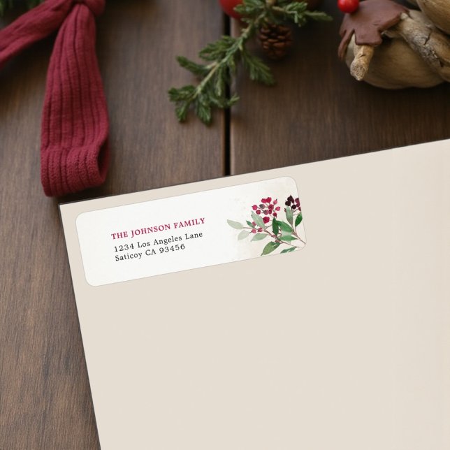 Beeren-Urlaubs-Rücksende-Adressetiketten für Weihn (Custom name and address sticker with watercolor berry branch)
