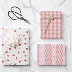 Beerensüße Erdbeeren Rosa Gingham-Margeriten Geschenkpapier Set