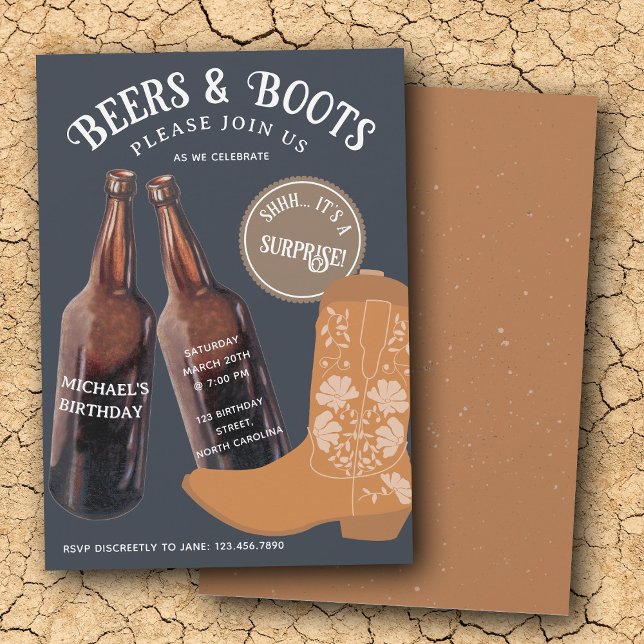 Beers Boots Cowboy Adult Birthday Surprise Party Einladung (Beers Boots Cowboy Adult Birthday Surprise Party Invitation)