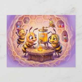 Bees inspecting finished honey in cheerful comic i postkarte