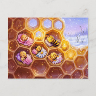 Bees sleeping in honeycombs under soft petal blank postkarte