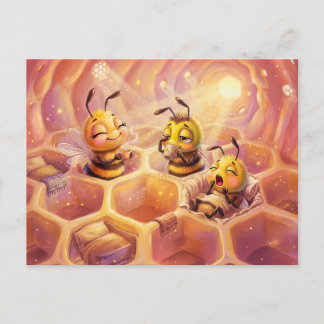 Bees waking with sunrise enjoying coffee in comic postkarte