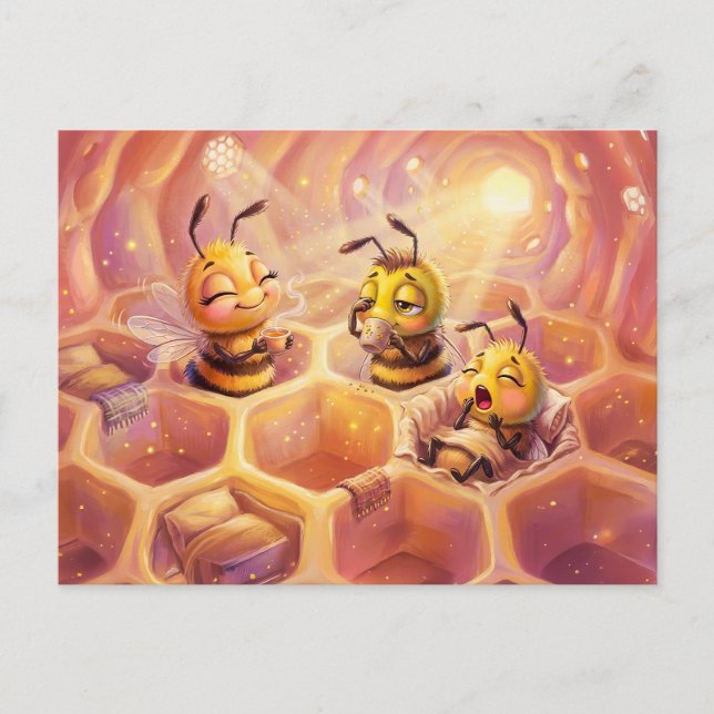 Bees waking with sunrise enjoying coffee in comic  postkarte (Vorderseite)