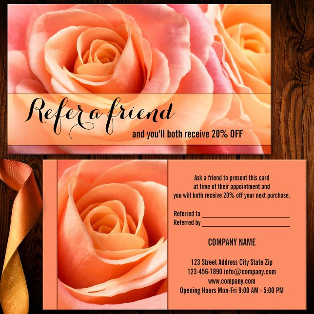 Befassung mit Korallenriffen mit einer Rose für Fr Empfehlungskarte (A referral business card featuring elegant coral roses - great for a beautician or makeup artist)