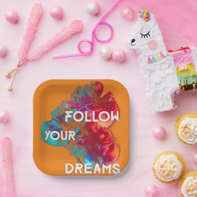 Befolgen Sie Ihre Träume Zitate farbige Blume Pappteller (Party)