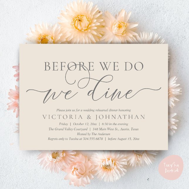 Before We Do, We Dine, Wedding Rehearsal Dinner Einladung (Before We Do, We Dine,  Wedding Rehearsal Dinner Party Classy Romantic Invites Card PDF Cream Grey)