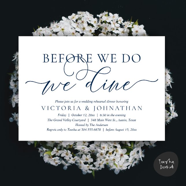 Before We Do, We Dine, Wedding Rehearsal Dinner Einladung (Before We Do, We Dine,  Wedding Rehearsal Dinner Party Classy Romantic Invites Card PDF Navy Blue)