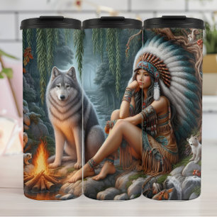 Begegnung des Waldes: Frau, Wolf, Feuer. Thermosbecher