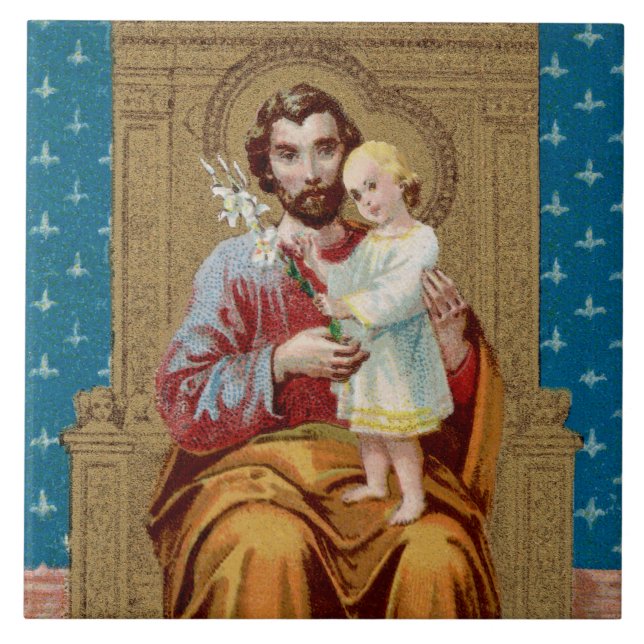 Begeisterter St. Joseph mit Kleinkind-Christkind Fliese (Vorderseite)