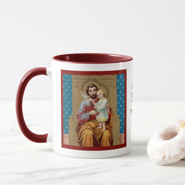 Begeisterter St. Joseph mit Kleinkind-Christkind Tasse (Mit Donut)