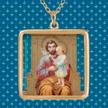 Begeisterter St. Joseph mit Kleinkind-Christkind Vergoldete Kette<br><div class="desc">Dieses Detail aus einem osteuropäischen Hingabe des späten 19. Jahrhunderts zeigt den St. Joseph, der auf einem goldenen Thron mit dem Christenkind als Kleinkind stehend auf seinem Knie sitzt. Das Christenkind hebt seine rechte Hand in Segen und hält einen Lilienspray, der die Reinheit seiner links symbolisiert. Die Hände des hl....</div>