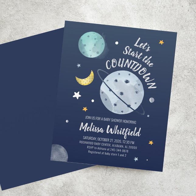 Beginnen wir mit der Countdown-Baby-Dusche im Welt (Outer Space Baby Shower Invitation)