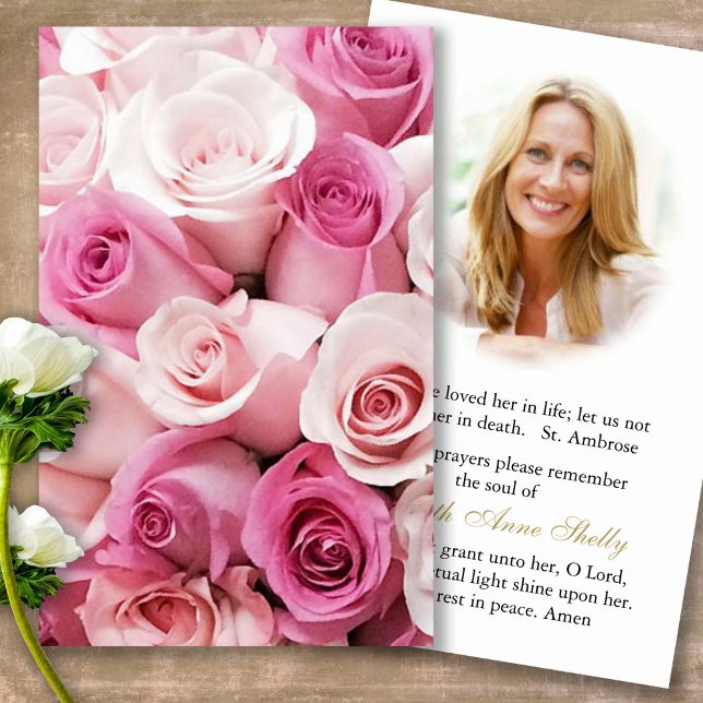 Begräbniskarten Pink Rose Bud Gebet Sympathie Kart (Forever in our hearts, celebration of life, in loving memory of, prayer cards for bereavement)