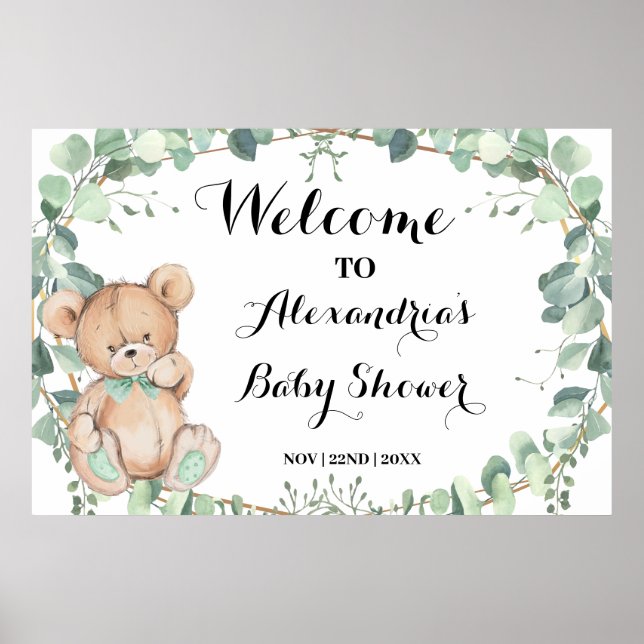 Begrüßen Sie das Greenery Bear Gold Baby Shower Po Poster (Vorne)