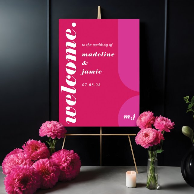 Begrüßen Sie die Abstrakte Hochzeit in Pink Magent Poster (Welcome Bold Pink Magenta Retro Abstract Wedding Poster)