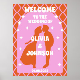 Begrüßen Sie die fröhliche rosa Orange Retro Boho Poster