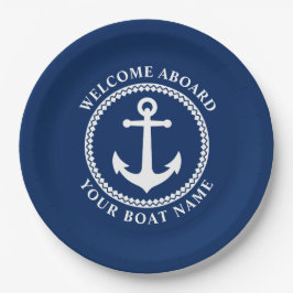 Begrüßung an Bord Schiff Name Sea Anchor Navy Blue Pappteller