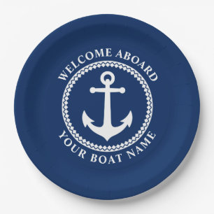 Begrüßung an Bord Schiff Name Sea Anchor Navy Blue Pappteller