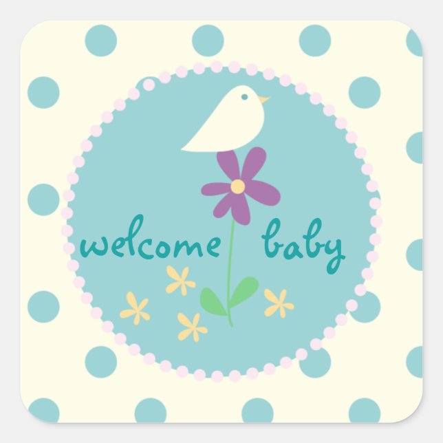 Begrüßung Baby Dusche Blue Dot White Bird Quadratischer Aufkleber (Vorderseite)