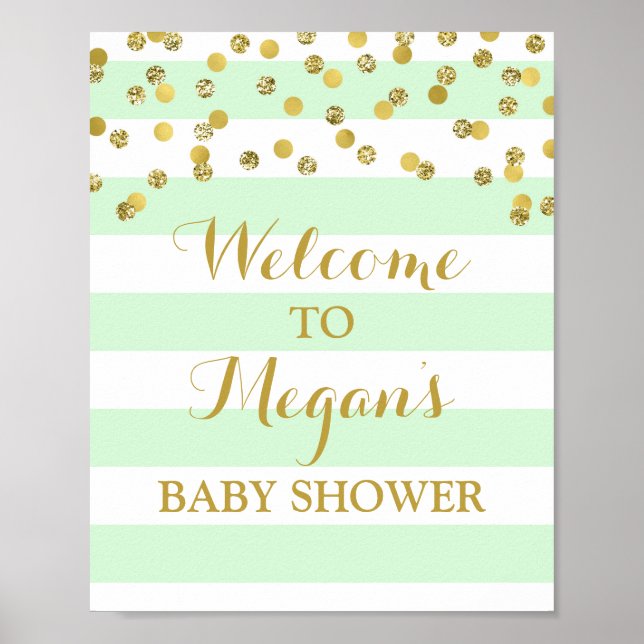 Begrüßung Baby Duschgel Minze Streifen Gold Confet Poster (Vorne)
