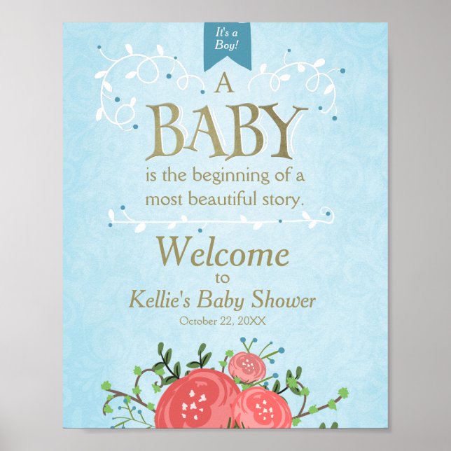 Begrüßung Babydusche Es ist ein Junge Blue Floral Poster (Vorne)