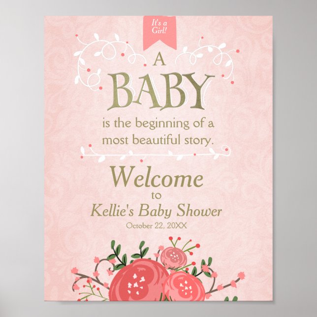 Begrüßung Babydusche Girl Pink und Gold Floral Poster (Vorne)