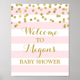 Begrüßung Babydusche Schild Rosa Streifen Gold Con