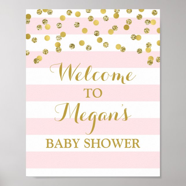 Begrüßung Babydusche Schild Rosa Streifen Gold Con (Vorne)