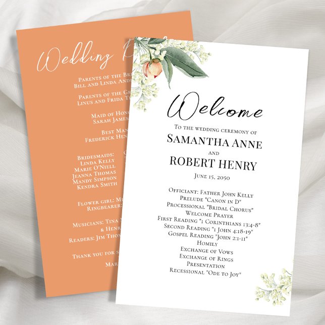 Begrüßung: Blumenkalligrafie-Script (Wedding program with peach and floral design.)