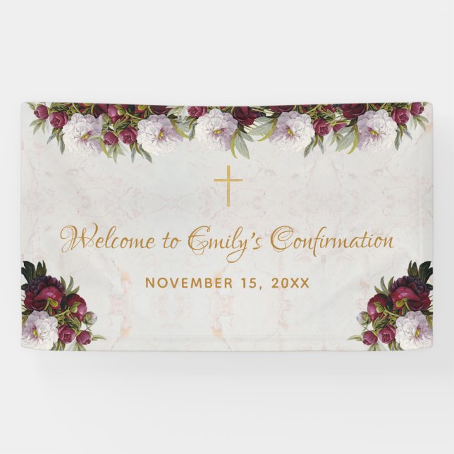 Begrüßung Burgundy Peony Marble Bloral Banner (Horizontal)