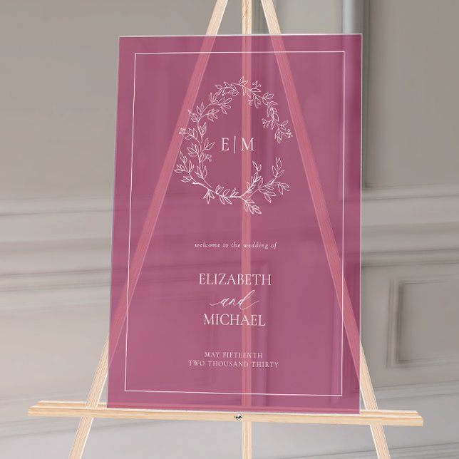 Begrüßung der Begrüßung des Wappen Burgund Leafy Acrylschild (Wedding Welcome Sign!)