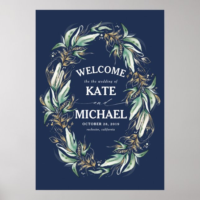 Begrüßung der Blauen Hochzeit von Greenery Navy mi Poster (Vorne)