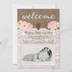 Begrüßung der Girl-Card mit rosa Blume und Kreuz Ankündigung