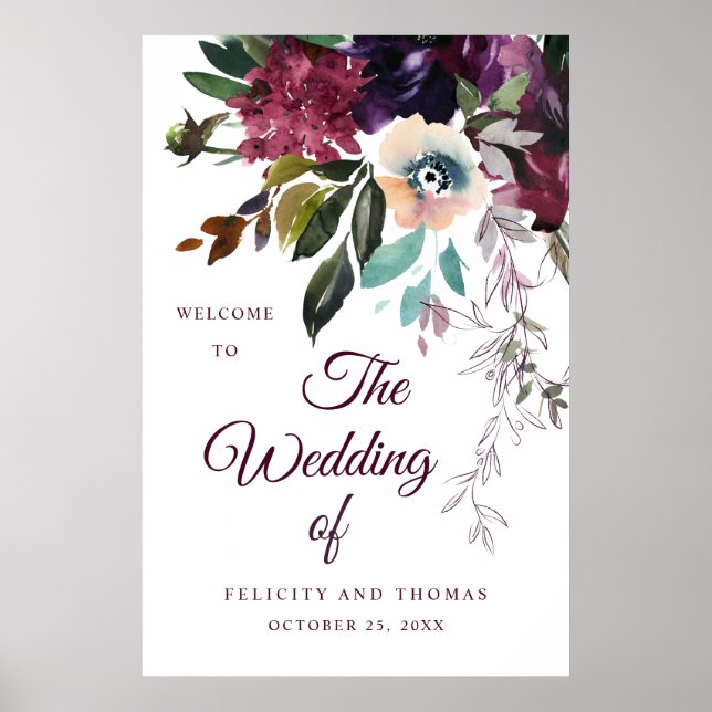 Begrüßung der Hochzeit mit Burgund Floral Poster (Vorne)