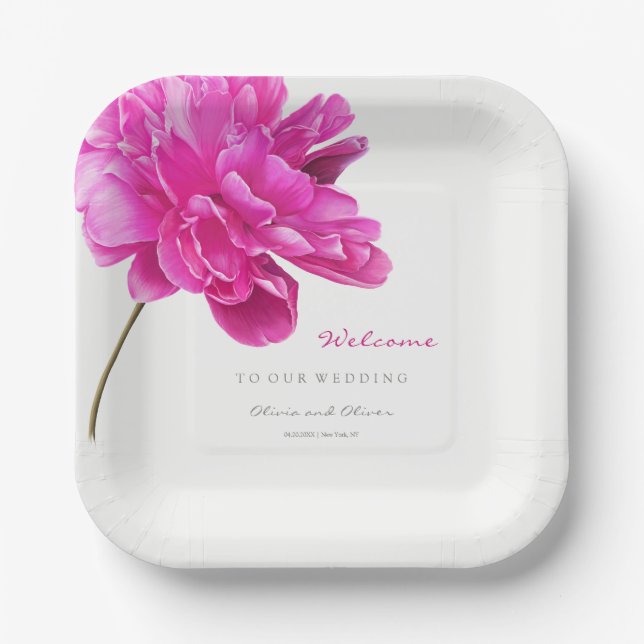 Begrüßung der Hochzeit von hellrosa Peony Pappteller (Vorderseite)